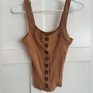 Free People Camel Ribbed Button-Up Tank Top